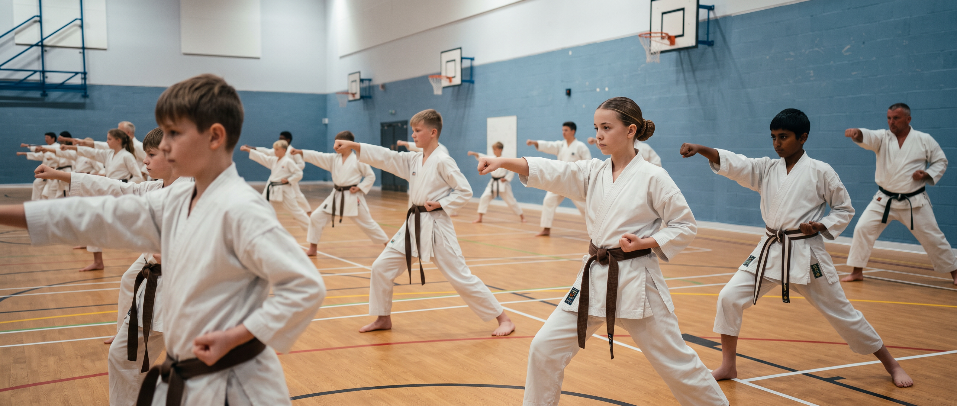 Karate students practising punches in a sports hall